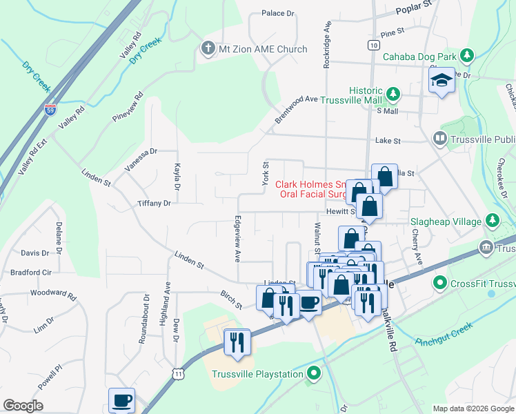 map of restaurants, bars, coffee shops, grocery stores, and more near 348 Hewitt Street in Trussville