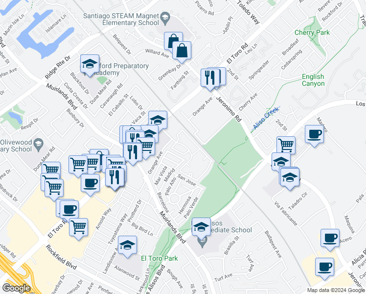 map of restaurants, bars, coffee shops, grocery stores, and more near 23298 Orange Avenue in Lake Forest
