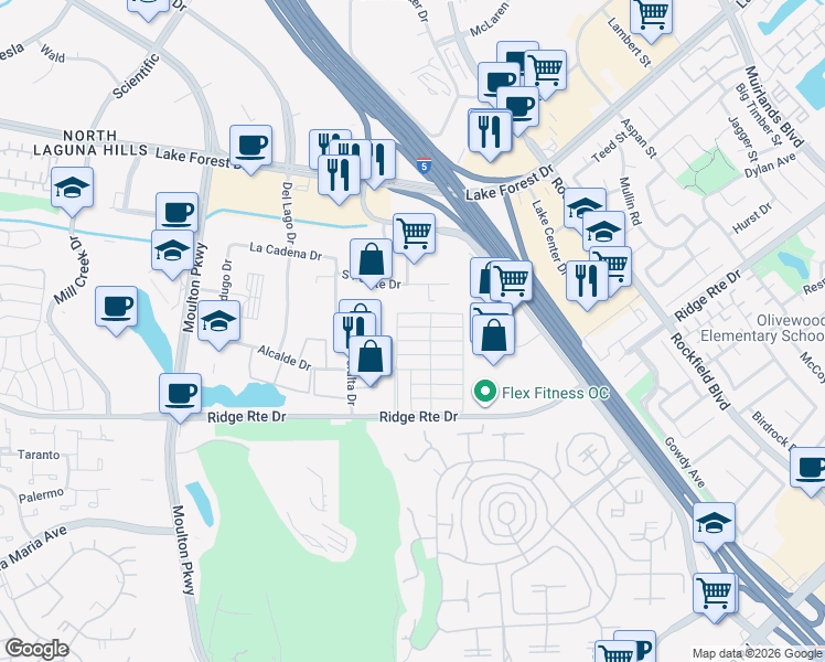 map of restaurants, bars, coffee shops, grocery stores, and more near 23301 Ridge Route Drive in Laguna Hills