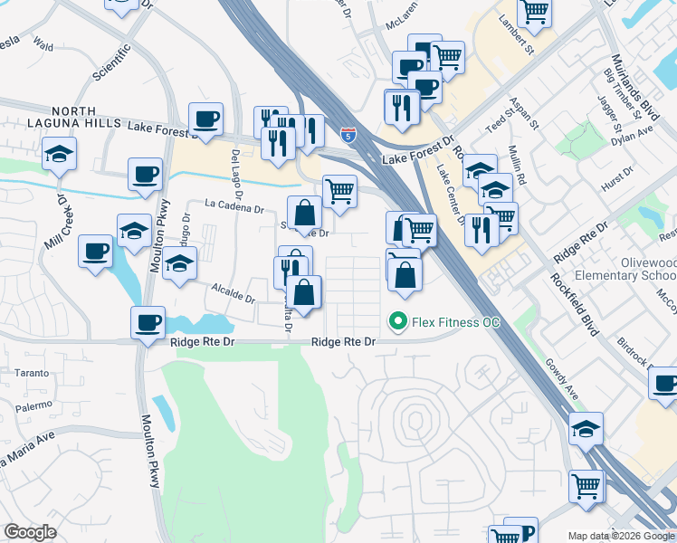 map of restaurants, bars, coffee shops, grocery stores, and more near Harbor Side in Laguna Hills