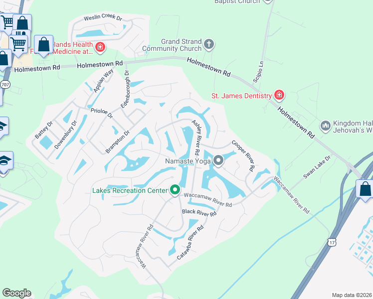 map of restaurants, bars, coffee shops, grocery stores, and more near 512 Reedy River Road in Myrtle Beach