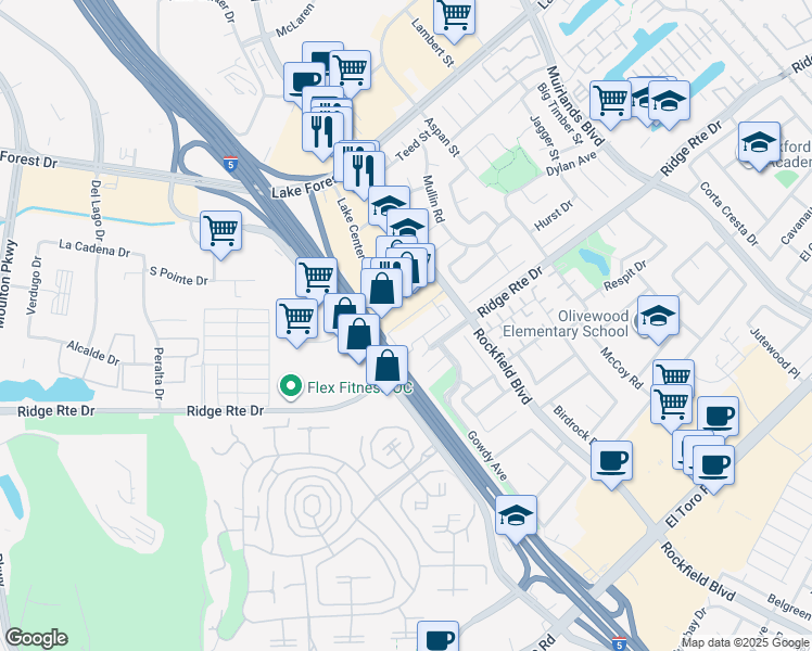 map of restaurants, bars, coffee shops, grocery stores, and more near 23333 Ridge Route Drive in Lake Forest