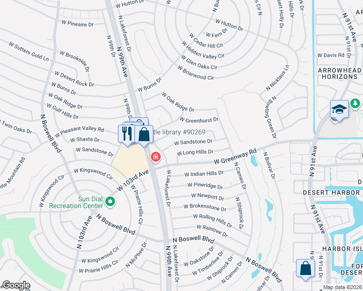 map of restaurants, bars, coffee shops, grocery stores, and more near 9617 West Sandstone Drive in Sun City