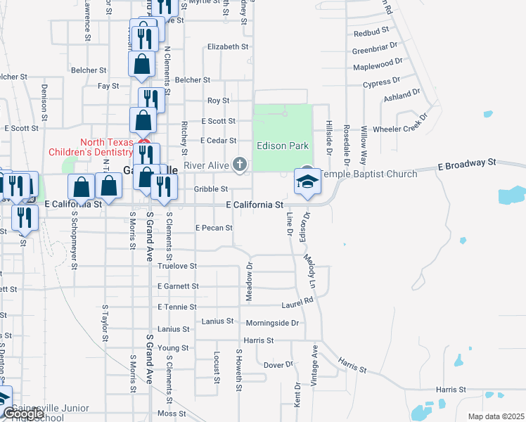map of restaurants, bars, coffee shops, grocery stores, and more near 1704 East California Street in Gainesville
