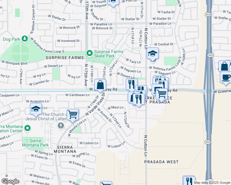 map of restaurants, bars, coffee shops, grocery stores, and more near 17260 West Caribbean Lane in Surprise