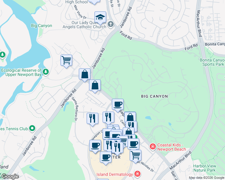 map of restaurants, bars, coffee shops, grocery stores, and more near 6 Rue Marseille in Newport Beach