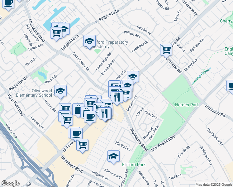 map of restaurants, bars, coffee shops, grocery stores, and more near 23361 El Toro Road in Lake Forest