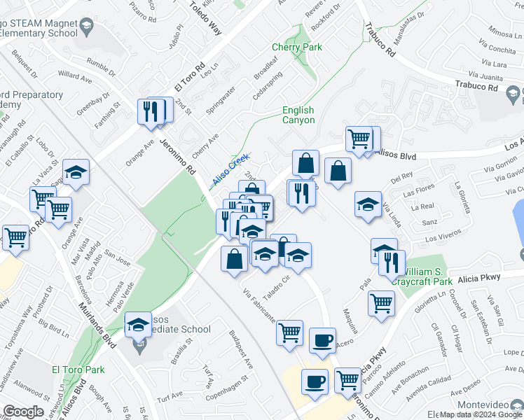 map of restaurants, bars, coffee shops, grocery stores, and more near 89 Aliso Ridge Loop in Mission Viejo