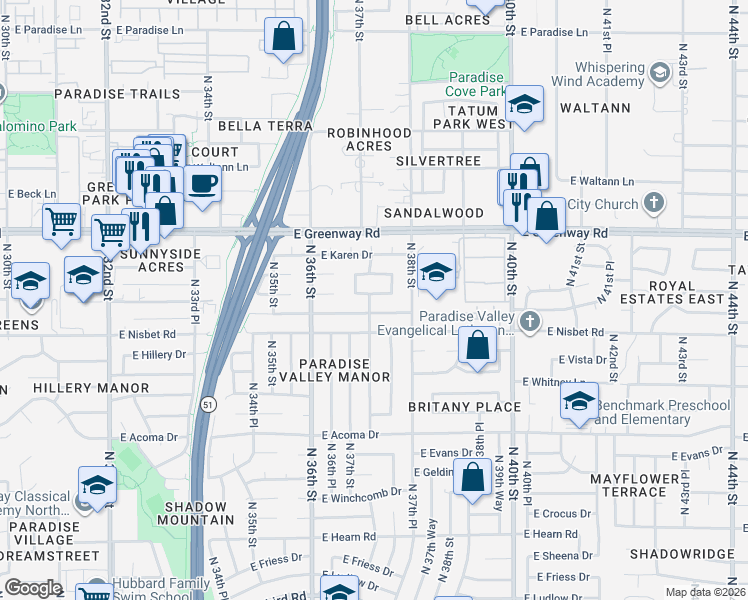 map of restaurants, bars, coffee shops, grocery stores, and more near 3721 East Janice Way in Phoenix