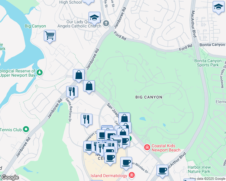 map of restaurants, bars, coffee shops, grocery stores, and more near 11 Rue Saint Cloud in Newport Beach