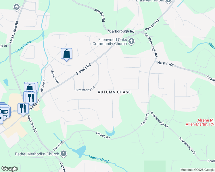 map of restaurants, bars, coffee shops, grocery stores, and more near 134 Overlook Court in Ellenwood