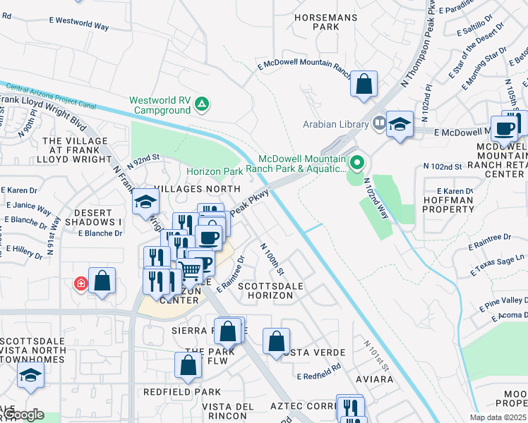 map of restaurants, bars, coffee shops, grocery stores, and more near 15138 North 100th Way in Scottsdale