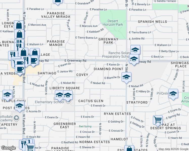 map of restaurants, bars, coffee shops, grocery stores, and more near 5302 East Blanche Drive in Scottsdale