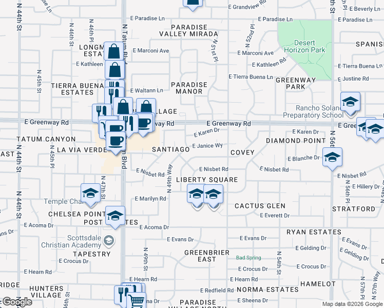 map of restaurants, bars, coffee shops, grocery stores, and more near 5018 East Blanche Drive in Scottsdale