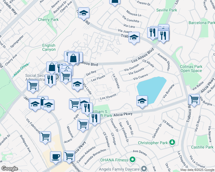 map of restaurants, bars, coffee shops, grocery stores, and more near 23302 La Mar in Mission Viejo
