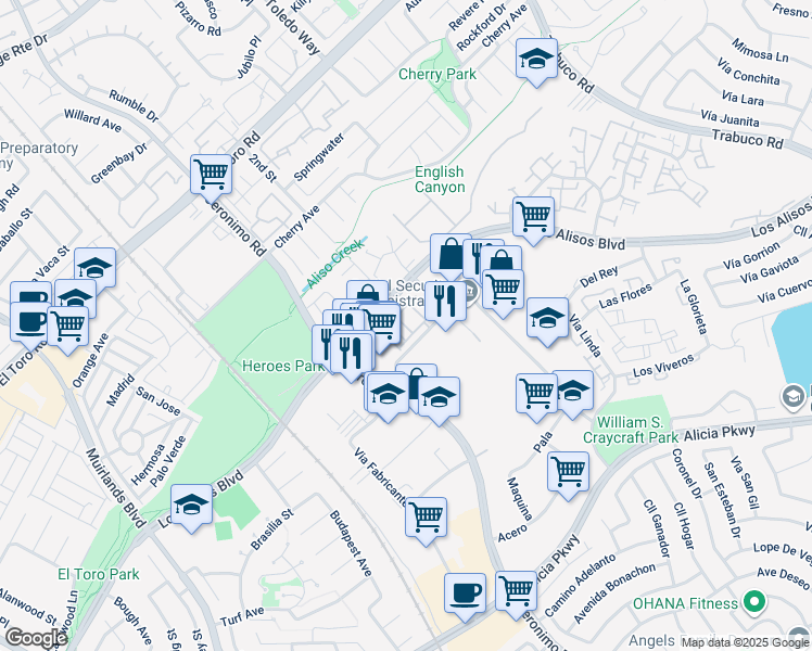 map of restaurants, bars, coffee shops, grocery stores, and more near 14 Wesley Way in Mission Viejo