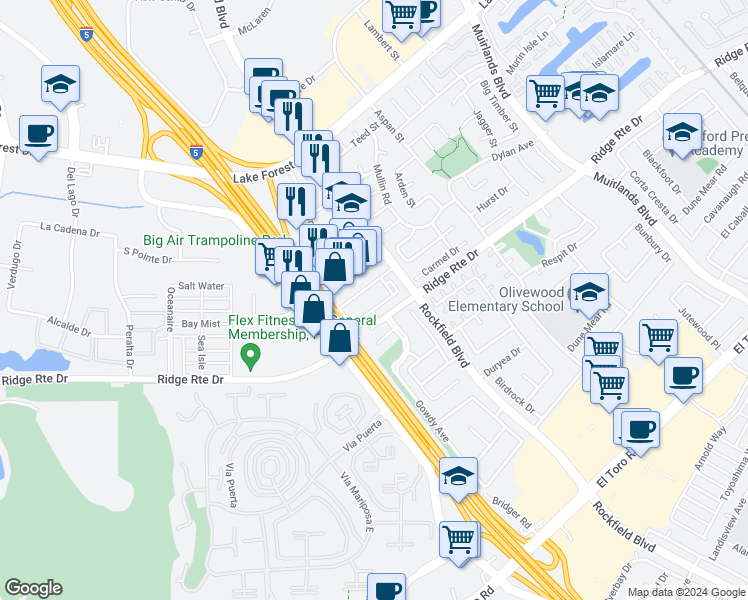 map of restaurants, bars, coffee shops, grocery stores, and more near 23333 Ridge Route Drive in Lake Forest