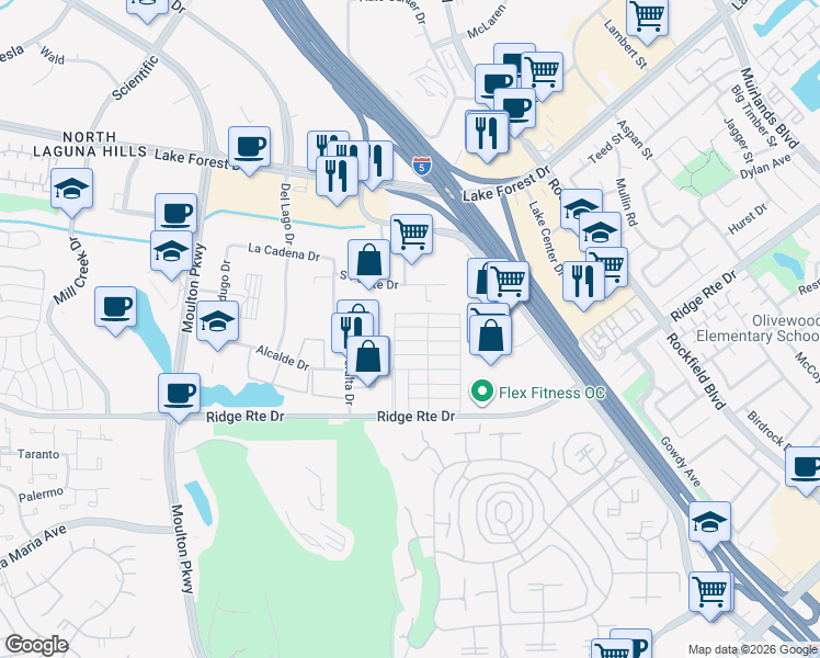map of restaurants, bars, coffee shops, grocery stores, and more near Harbor Side in Laguna Hills