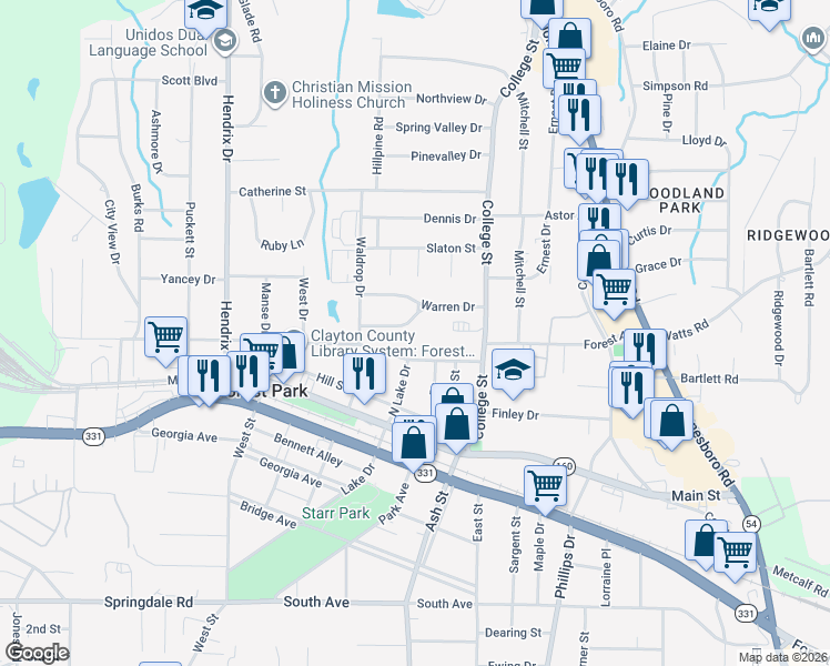 map of restaurants, bars, coffee shops, grocery stores, and more near 811 Elizabeth Drive in Forest Park