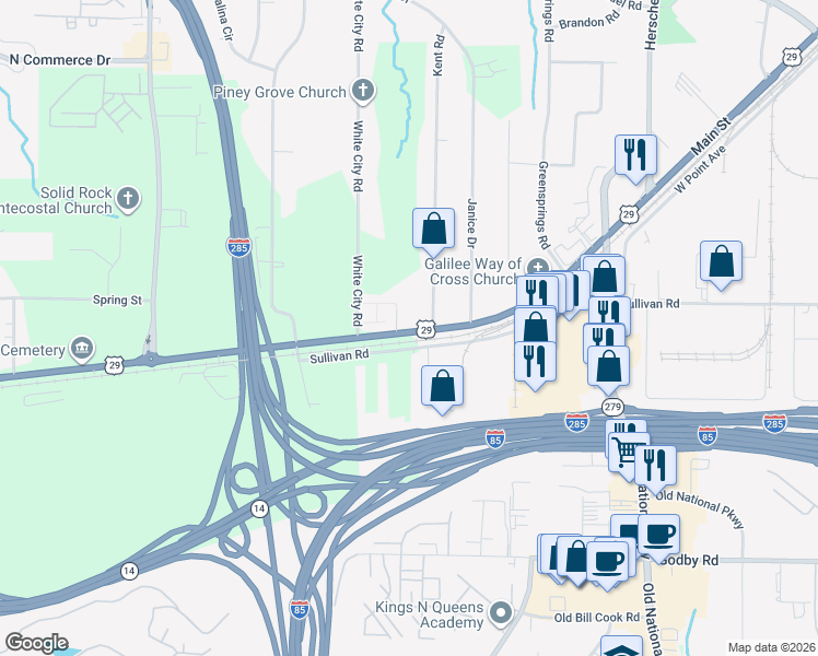 map of restaurants, bars, coffee shops, grocery stores, and more near 2825 Roosevelt Highway in Atlanta