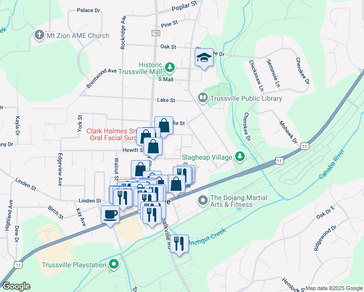 map of restaurants, bars, coffee shops, grocery stores, and more near 212 Penny Lane in Trussville