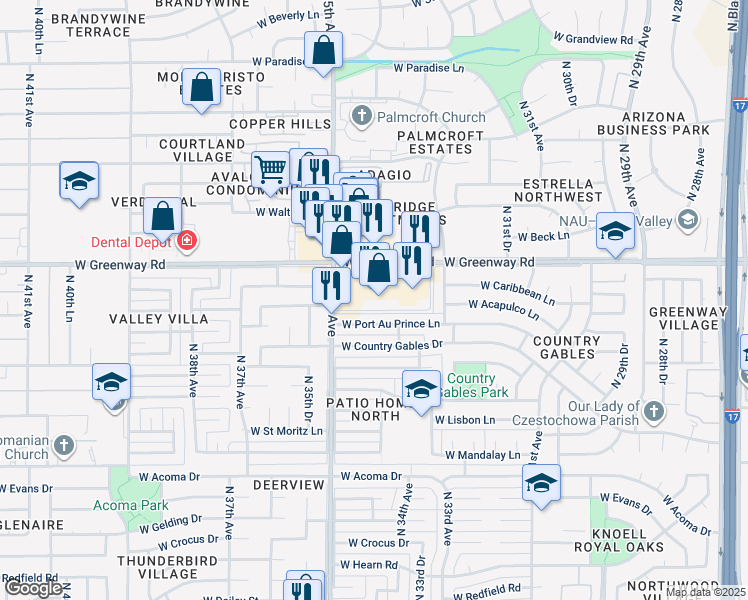 map of restaurants, bars, coffee shops, grocery stores, and more near 3401 West Greenway Road in Phoenix