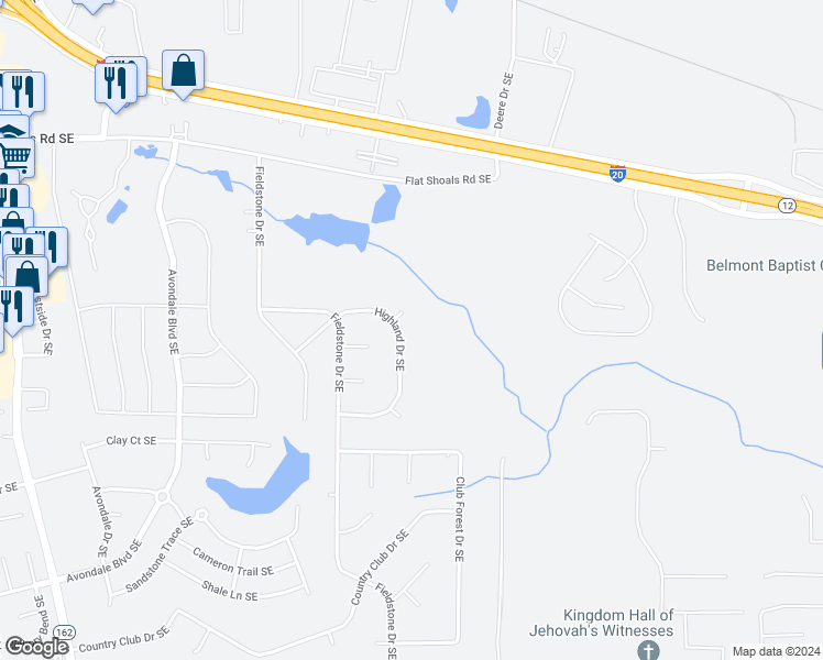 map of restaurants, bars, coffee shops, grocery stores, and more near 2526 Highland Drive Southeast in Conyers
