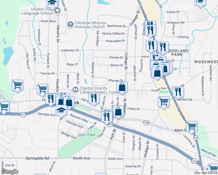 map of restaurants, bars, coffee shops, grocery stores, and more near 815 Elizabeth Dr in Forest Park