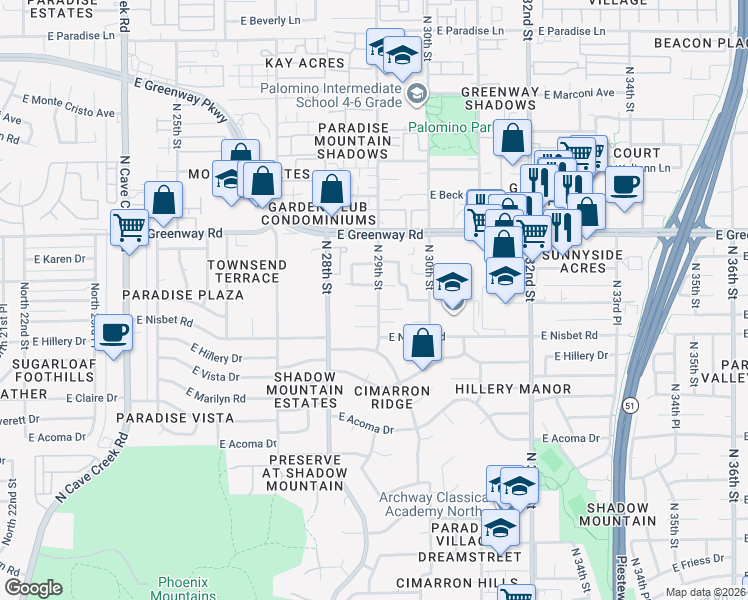 map of restaurants, bars, coffee shops, grocery stores, and more near 2848 East Blanche Drive in Phoenix