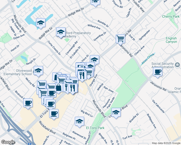 map of restaurants, bars, coffee shops, grocery stores, and more near 23302 El Toro Road in Lake Forest