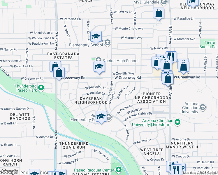 map of restaurants, bars, coffee shops, grocery stores, and more near 6328 West Acapulco Lane in Glendale