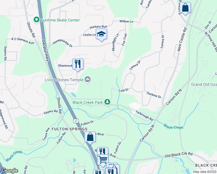 map of restaurants, bars, coffee shops, grocery stores, and more near 879 Lual Drive in Birmingham