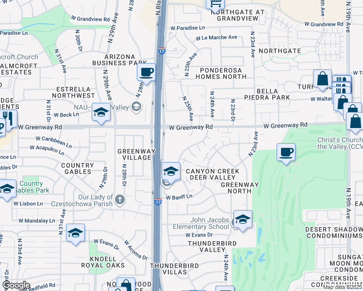 map of restaurants, bars, coffee shops, grocery stores, and more near 2577 West Greenway Road in Phoenix