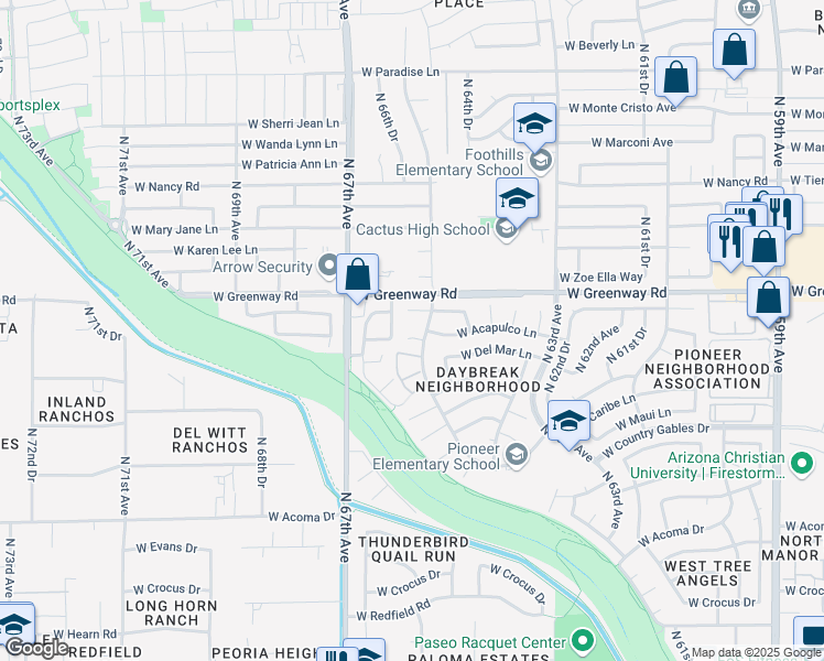 map of restaurants, bars, coffee shops, grocery stores, and more near 6624 West Acapulco Lane in Glendale