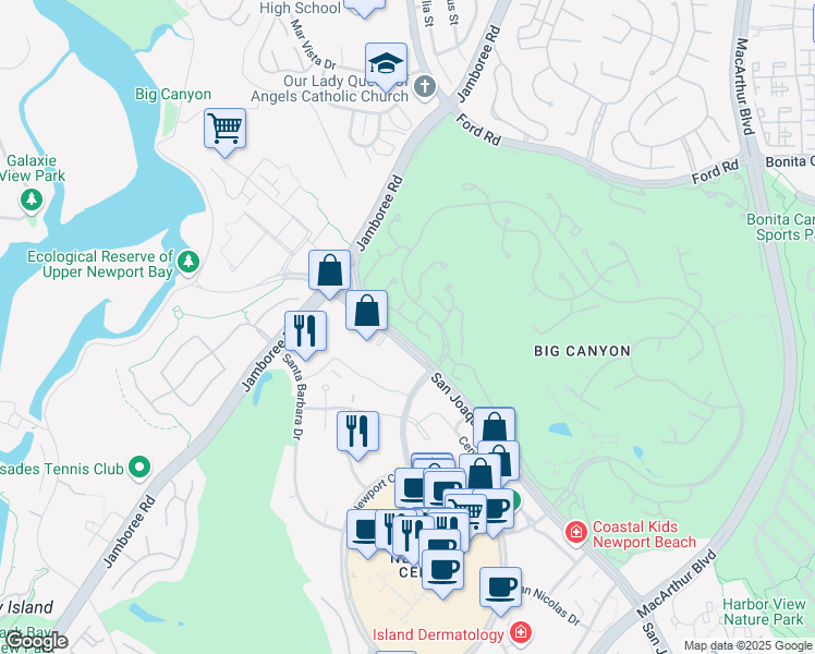 map of restaurants, bars, coffee shops, grocery stores, and more near 9 Rue Fontainbleau in Newport Beach