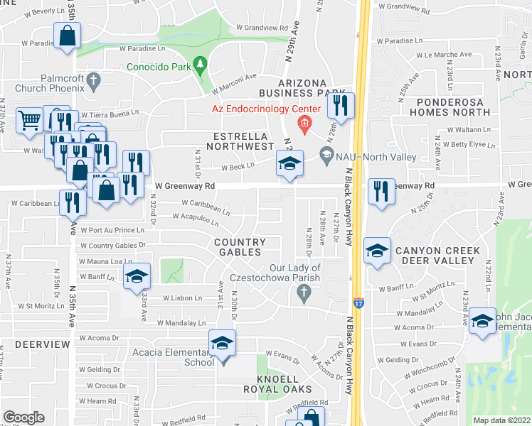 map of restaurants, bars, coffee shops, grocery stores, and more near 2931 West Caribbean Lane in Phoenix