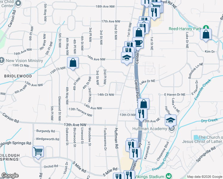 map of restaurants, bars, coffee shops, grocery stores, and more near 1433 2nd Street Northwest in Center Point
