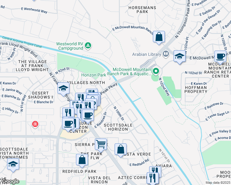 map of restaurants, bars, coffee shops, grocery stores, and more near 15138 North 100th Way in Scottsdale