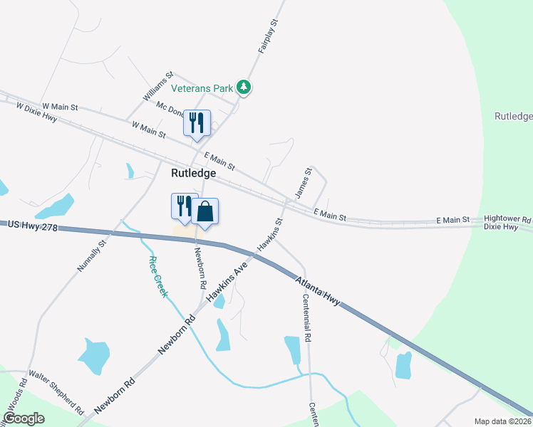 map of restaurants, bars, coffee shops, grocery stores, and more near 195 East Dixie Highway in Rutledge