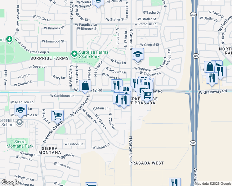 map of restaurants, bars, coffee shops, grocery stores, and more near 17206 West Caribbean Lane in Surprise