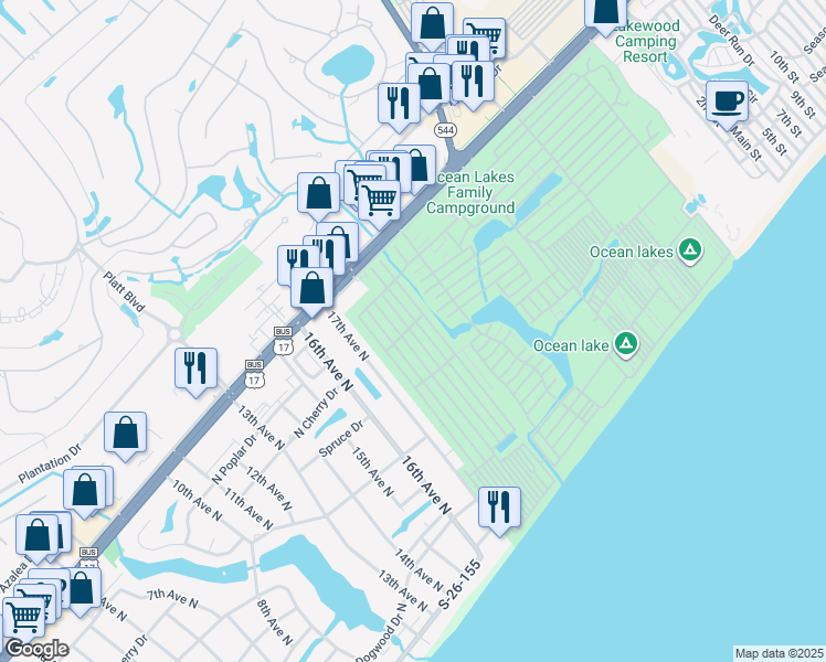 map of restaurants, bars, coffee shops, grocery stores, and more near 1631 Lovestone Drive in Myrtle Beach