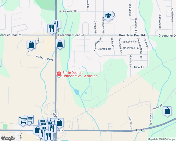 map of restaurants, bars, coffee shops, grocery stores, and more near 12 Old Ivy Place in Anniston