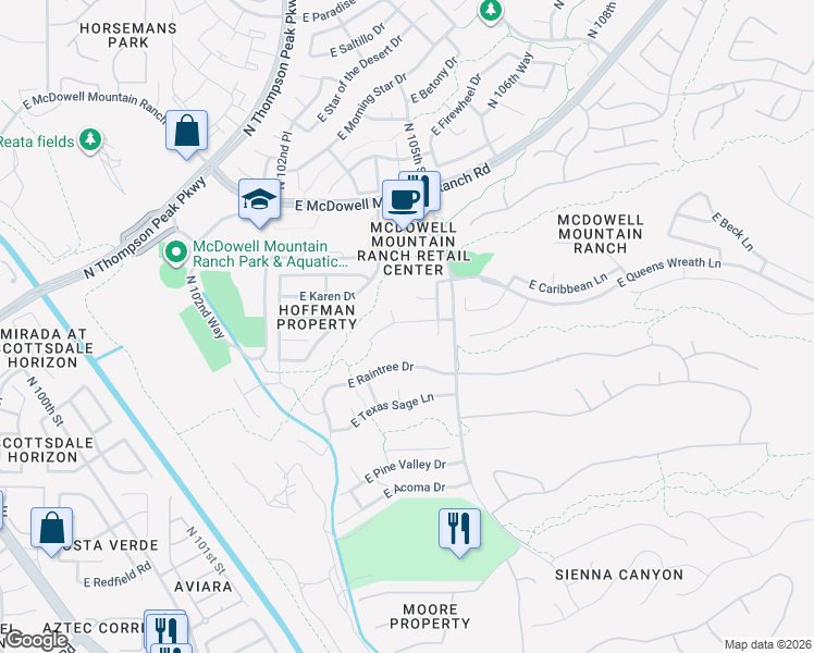 map of restaurants, bars, coffee shops, grocery stores, and more near 10459 East Hillery Drive in Scottsdale