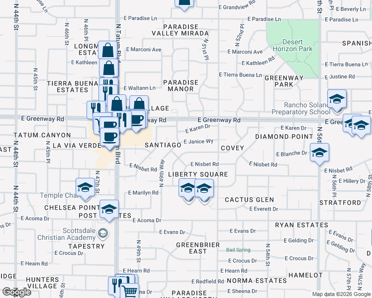 map of restaurants, bars, coffee shops, grocery stores, and more near 5018 East Blanche Drive in Scottsdale