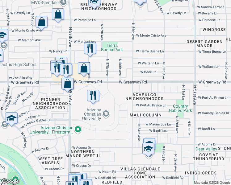 map of restaurants, bars, coffee shops, grocery stores, and more near 14711 N 57th Ave in Glendale