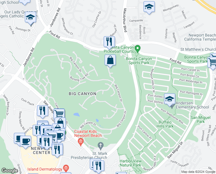 map of restaurants, bars, coffee shops, grocery stores, and more near 5 Pinehurst Lane in Newport Beach