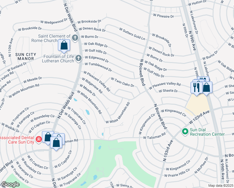 map of restaurants, bars, coffee shops, grocery stores, and more near 10338 West Charter Oak Drive in Sun City