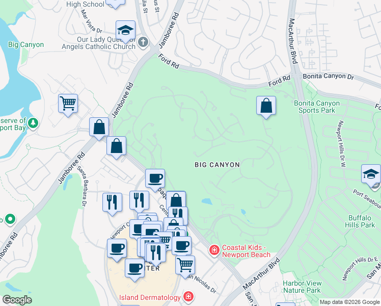 map of restaurants, bars, coffee shops, grocery stores, and more near 1 Inverness Lane in Newport Beach