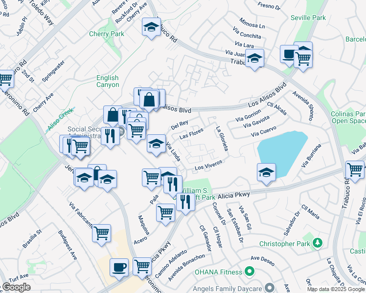 map of restaurants, bars, coffee shops, grocery stores, and more near 23321 La Crescenta in Mission Viejo
