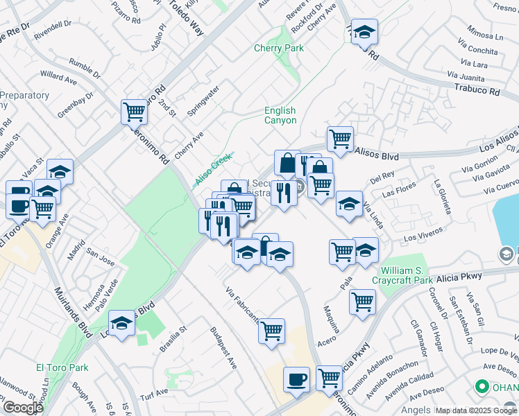 map of restaurants, bars, coffee shops, grocery stores, and more near 133 Aliso Ridge Loop in Mission Viejo